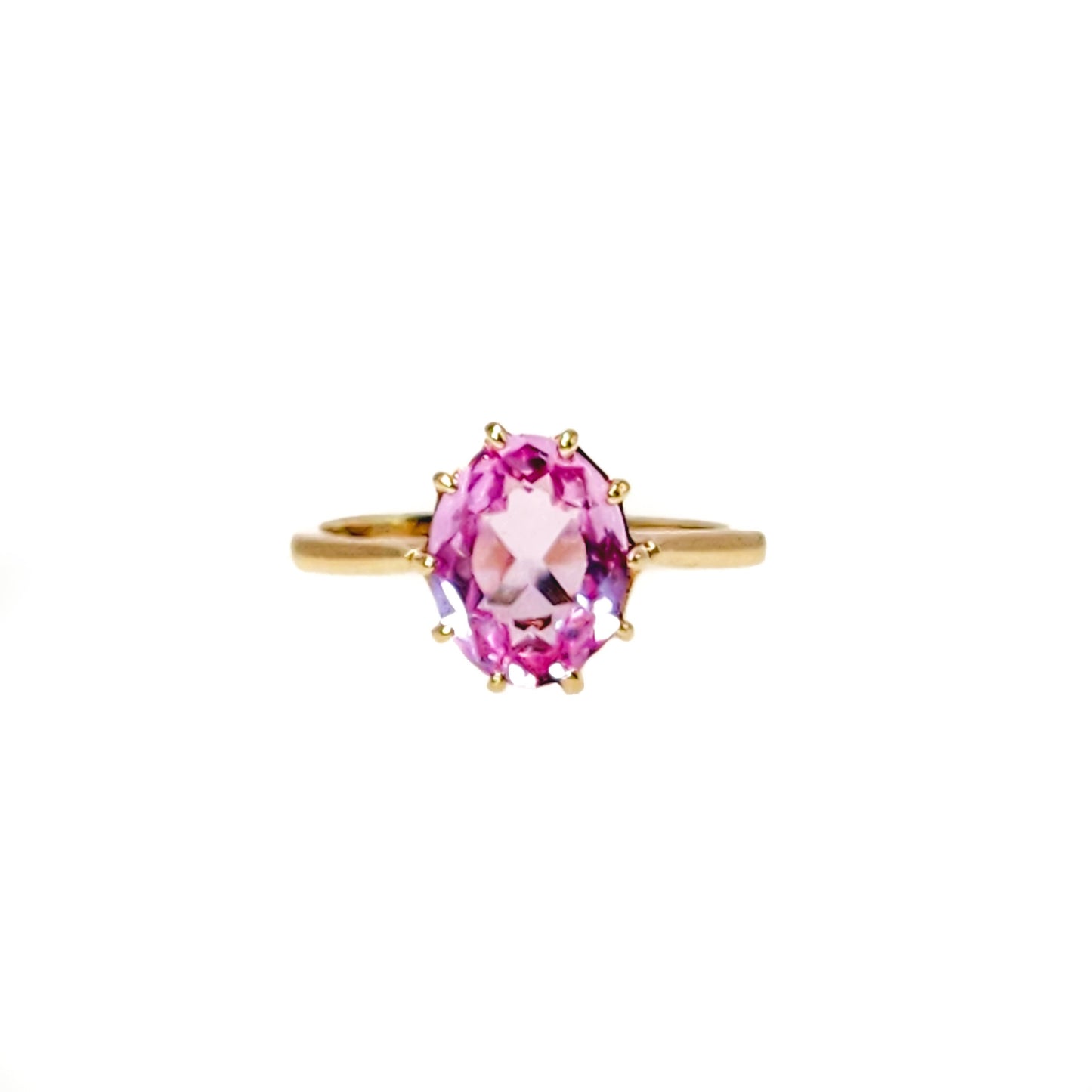 Vintage 1960s Oval Cut Lab Created Pink Sapphire and 10K Solitaire Ring Size 5 - 60s Yellow Gold, Pink Lab Sapphire Ring