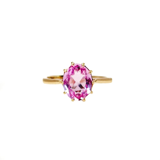 Vintage 1960s Oval Cut Lab Created Pink Sapphire and 10K Solitaire Ring Size 5 - 60s Yellow Gold, Pink Lab Sapphire Ring