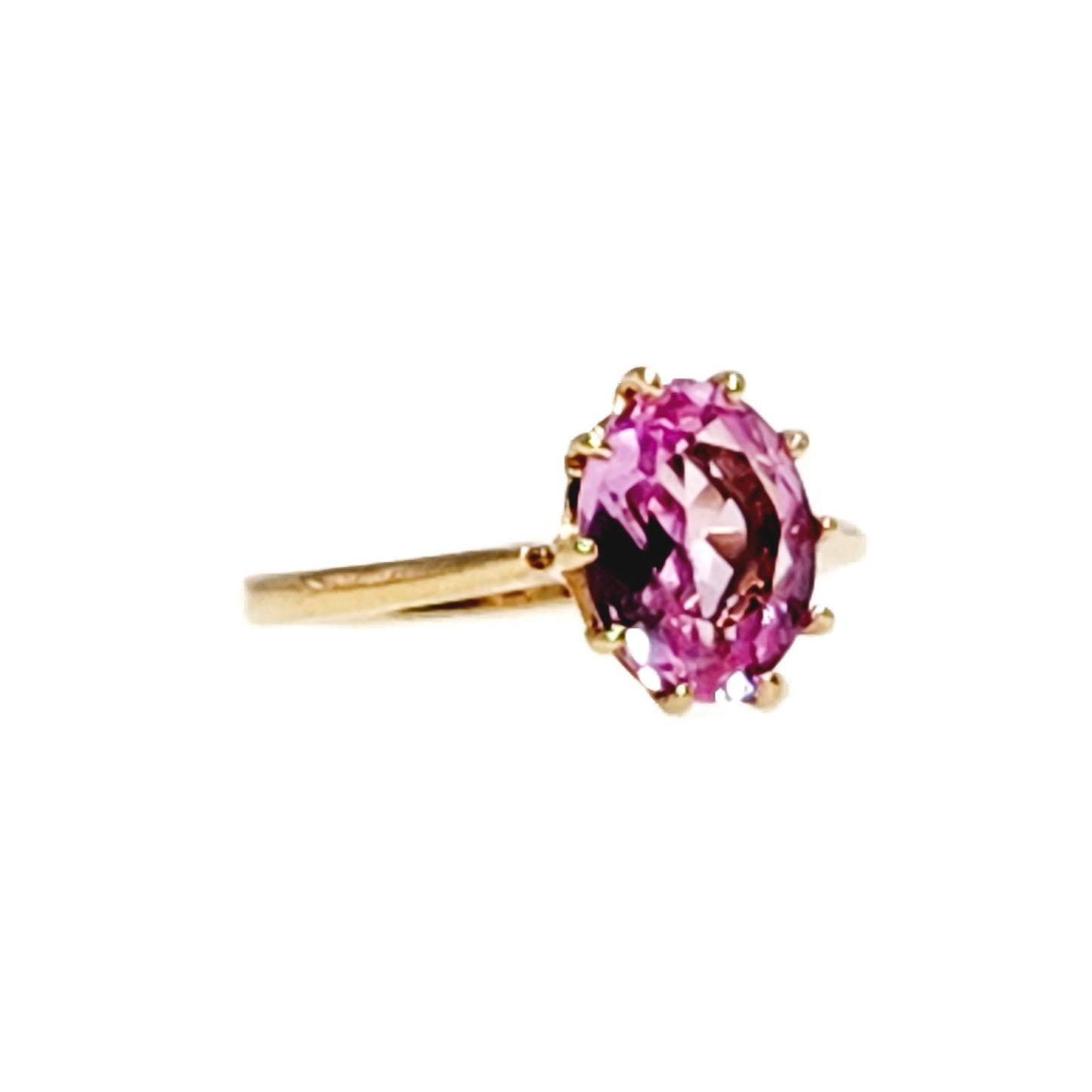 Vintage 1960s Oval Cut Lab Created Pink Sapphire and 10K Solitaire Ring Size 5 - 60s Yellow Gold, Pink Lab Sapphire Ring