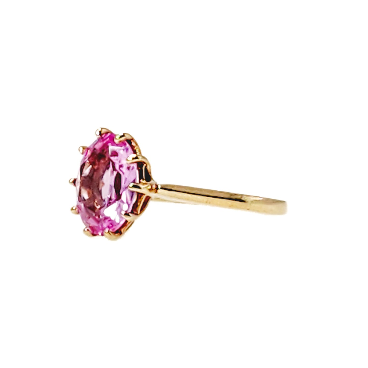 Vintage 1960s Oval Cut Lab Created Pink Sapphire and 10K Solitaire Ring Size 5 - 60s Yellow Gold, Pink Lab Sapphire Ring