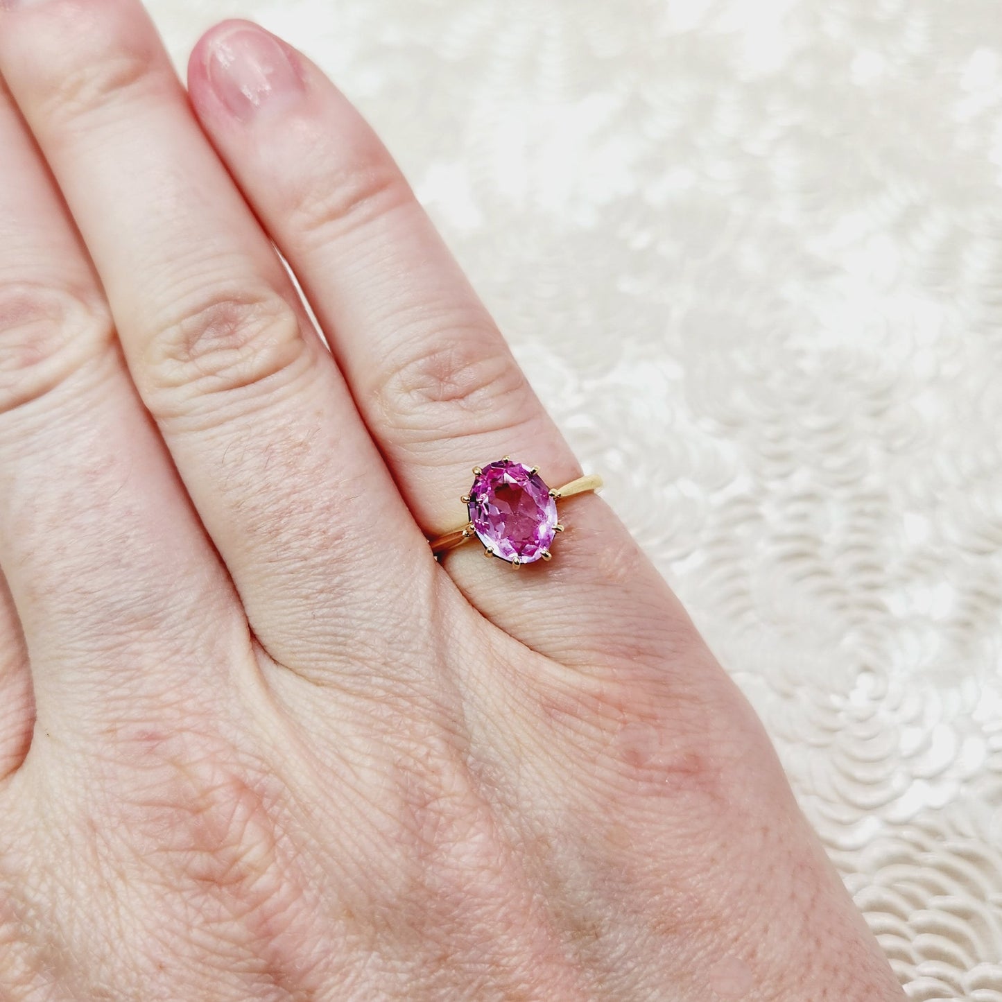 Vintage 1960s Oval Cut Lab Created Pink Sapphire and 10K Solitaire Ring Size 5 - 60s Yellow Gold, Pink Lab Sapphire Ring