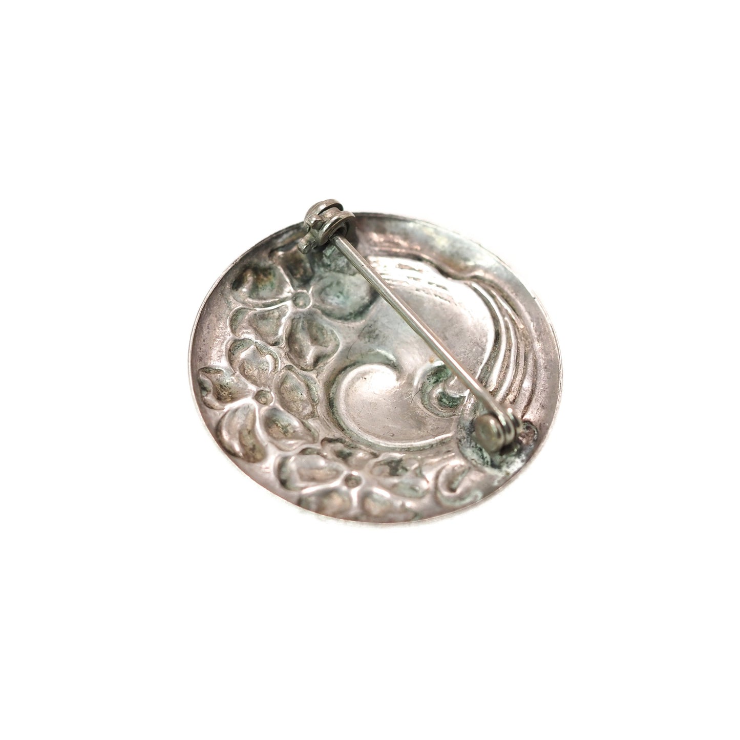 Antique 1900s Art Nouveau Floral Sterling Silver Brooch - Antique Nouveau Flower Silver Circle Pin Brooch - Art Nouveau Pin