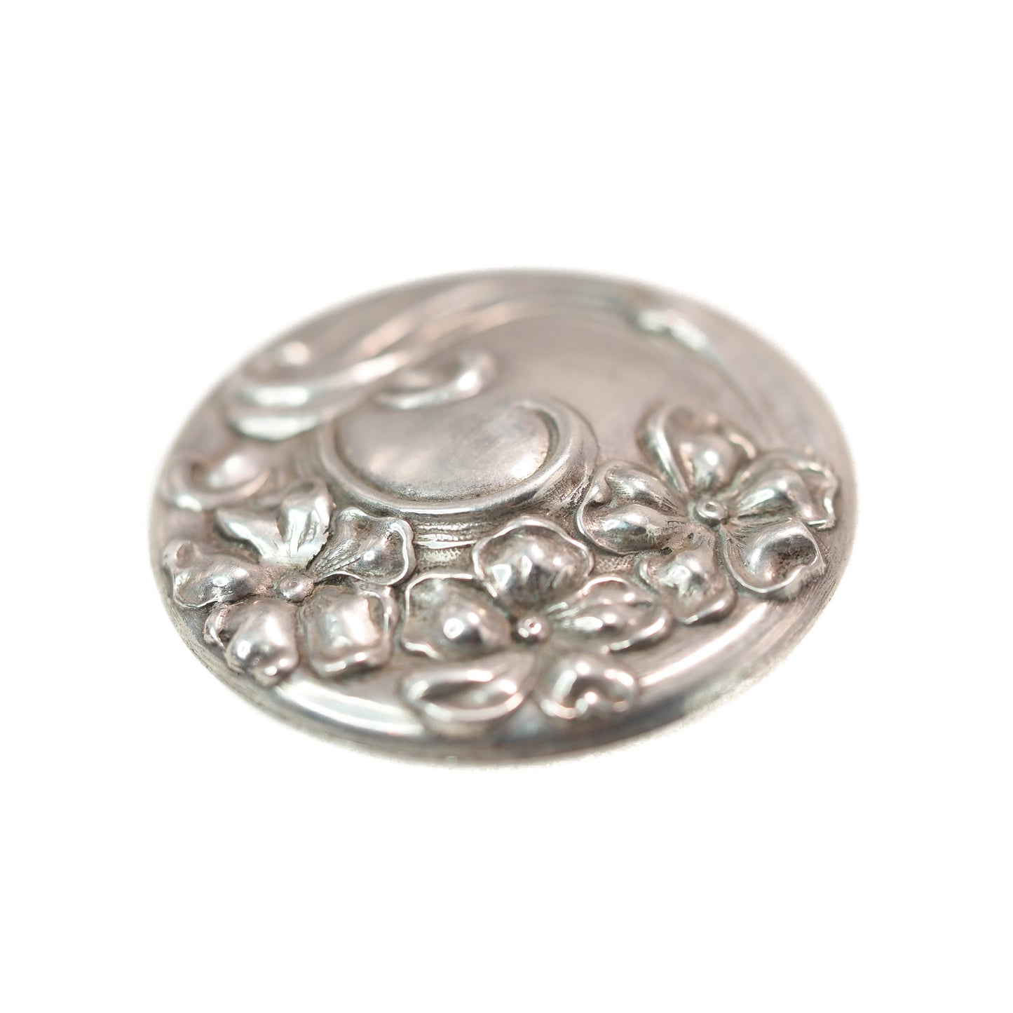 Antique 1900s Art Nouveau Floral Sterling Silver Brooch - Antique Nouveau Flower Silver Circle Pin Brooch - Art Nouveau Pin