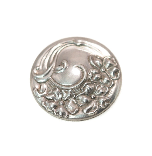 Antique 1900s Art Nouveau Floral Sterling Silver Brooch - Antique Nouveau Flower Silver Circle Pin Brooch - Art Nouveau Pin