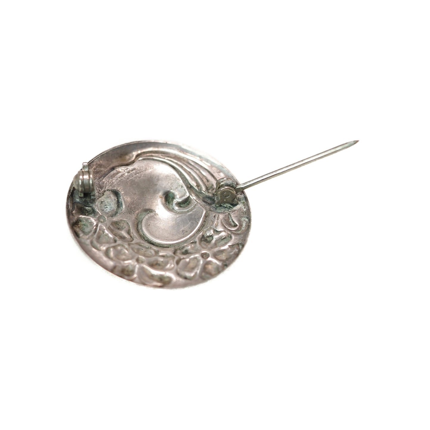 Antique 1900s Art Nouveau Floral Sterling Silver Brooch - Antique Nouveau Flower Silver Circle Pin Brooch - Art Nouveau Pin