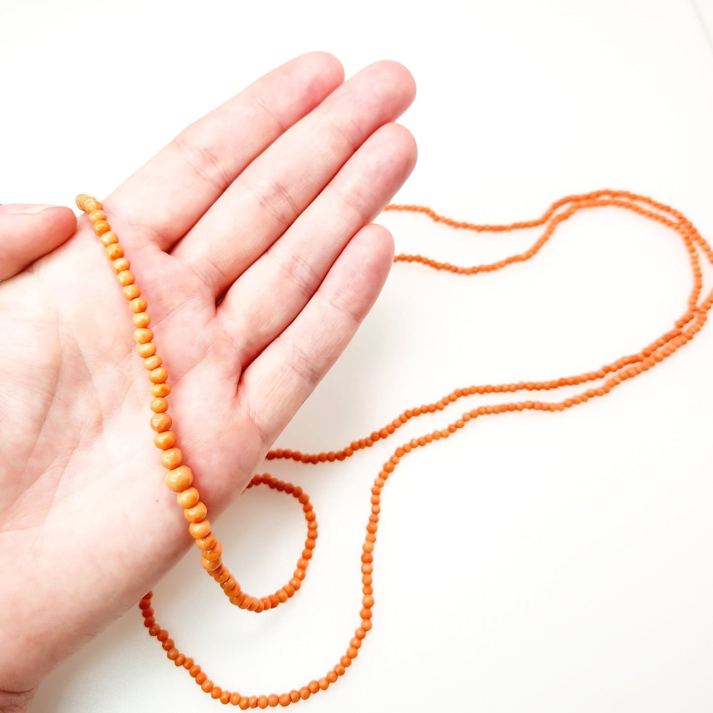 Antique 1880s Late Victorian Hand Carved Salmon Coral Graduated Long Bead Strand 44" Necklace - Antique Orange Coral Beaded Necklace