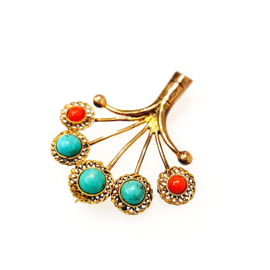 Vintage 1980s Red Shell and Blue Turquoise Vermeil Fan Tree Brooch - 80s Red, Blue, Gold Unisex Brooch - Colorful Vintage Pin