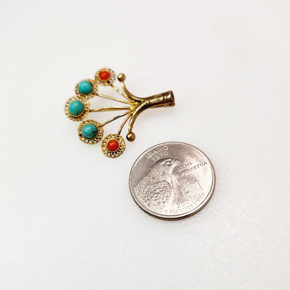 Vintage 1980s Red Shell and Blue Turquoise Vermeil Fan Tree Unisex Brooch