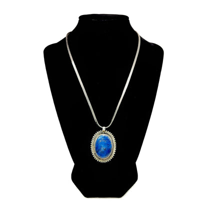 Vintage 1980s Lapis Lazuli Cabochon and Sterling Silver Southwestern Pendant 18" Necklace