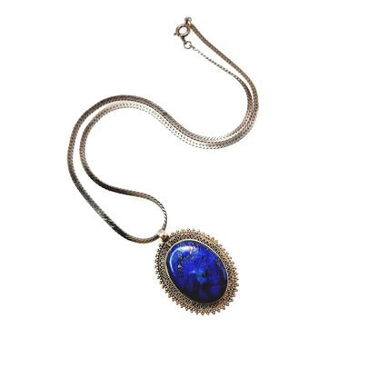 Vintage 1980s Lapis Lazuli Cabochon and Sterling Silver Southwestern Pendant 18" Necklace