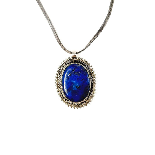 Vintage Blue Lapis and Silver Boho Necklace - 1980s Lapis Lazuli Cabochon and Silver Pendant 18" Necklace - Southwestern Boho Lapis Lazuli