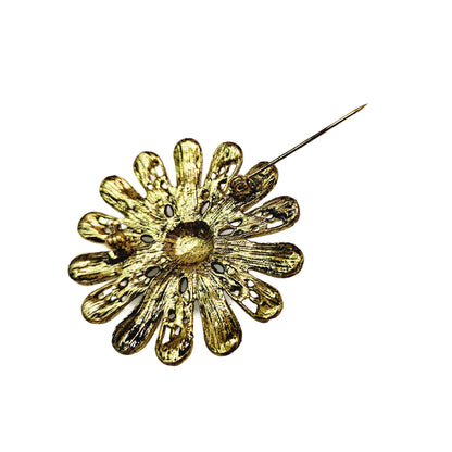 Vintage 1980s Aurora Borealis Turquoise Rhinestone and Gold Tone Metal Flower Statement Brooch