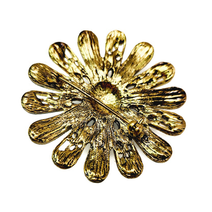 Vintage 1980s Aurora Borealis Turquoise Rhinestone and Gold Tone Metal Flower Statement Brooch