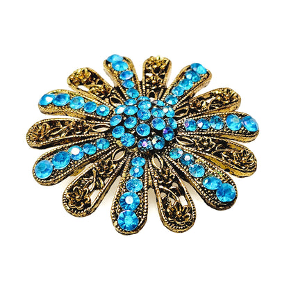 Vintage 1980s Aurora Borealis Turquoise Rhinestone and Gold Tone Metal Flower Statement Brooch
