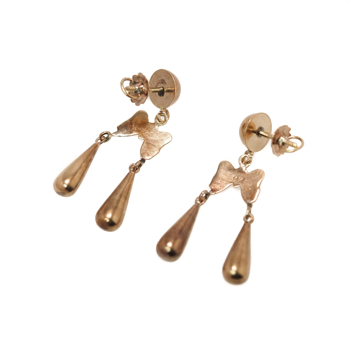 Antique Victorian Bow Gold Earrings - Late Victorian 14K Yellow Gold Bow Dangle Earrings - Pierced Gold 1900s Victorian Earrings Rare -