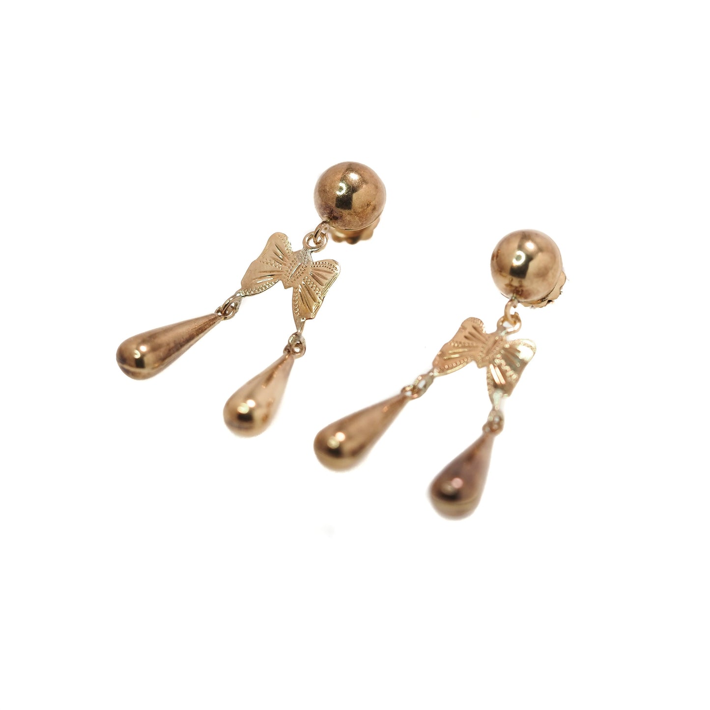 Antique Victorian Bow Gold Earrings - Late Victorian 14K Yellow Gold Bow Dangle Earrings - Pierced Gold 1900s Victorian Earrings Rare -