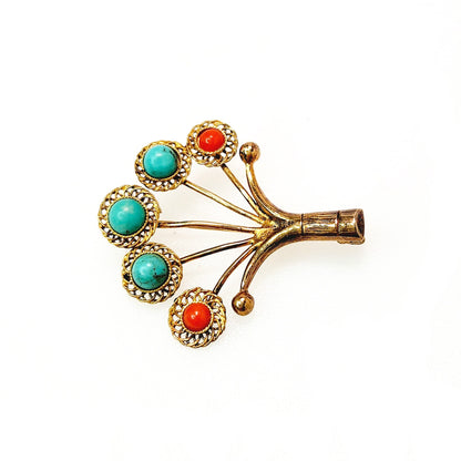 Vintage 1980s Red Shell and Blue Turquoise Vermeil Fan Tree Unisex Brooch