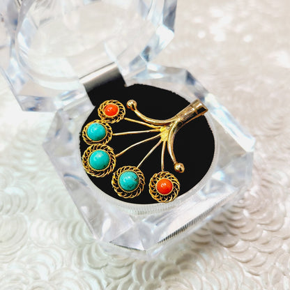 Vintage 1980s Red Shell and Blue Turquoise Vermeil Fan Tree Unisex Brooch