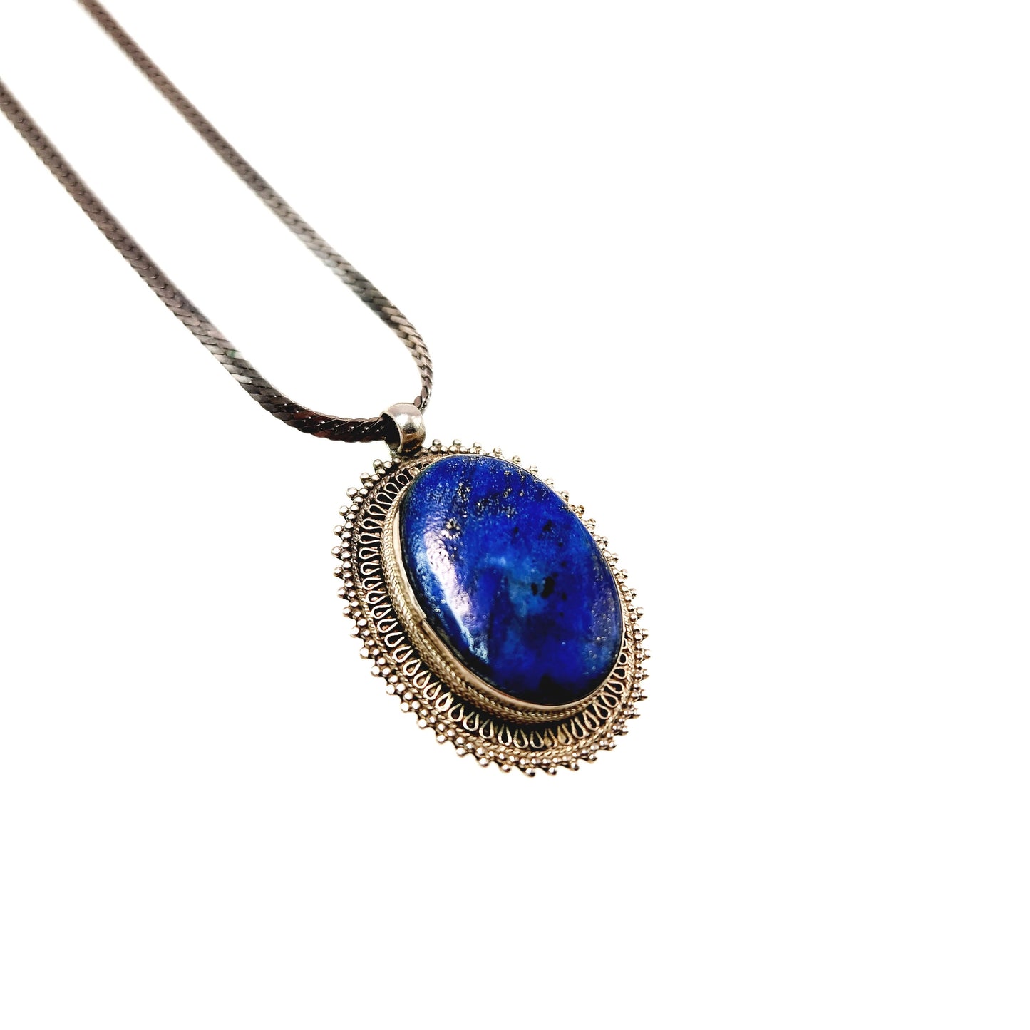 Vintage Blue Lapis and Silver Boho Necklace - 1980s Lapis Lazuli Cabochon and Silver Pendant 18" Necklace - Southwestern Boho Lapis Lazuli