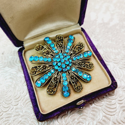 Vintage 1980s Aurora Borealis Turquoise Rhinestone and Gold Tone Metal Flower Statement Brooch