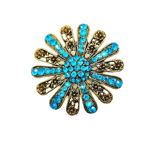 Vintage 1980s Turquoise Rhinestone Flower Brooch - Aurora Borealis Rhinestone and Gold Tone Metal Floral Brooch - Large Blue Statement Pin