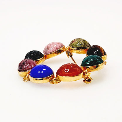 Vintage 1950s Mid Century Carved Stone Scarab Wreath Brooch