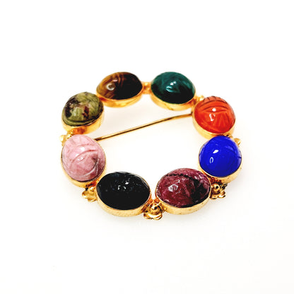 Vintage 1950s Mid Century Carved Stone Scarab Wreath Brooch