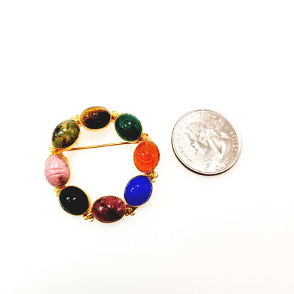 Vintage 1950s Mid Century Carved Stone Scarab Wreath Brooch