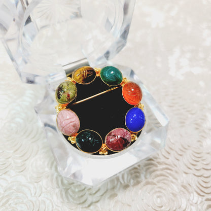 Vintage 1950s Mid Century Carved Stone Scarab Wreath Brooch