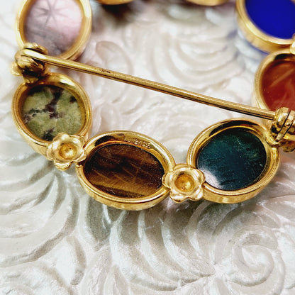 Vintage 1950s Mid Century Carved Stone Scarab Wreath Brooch