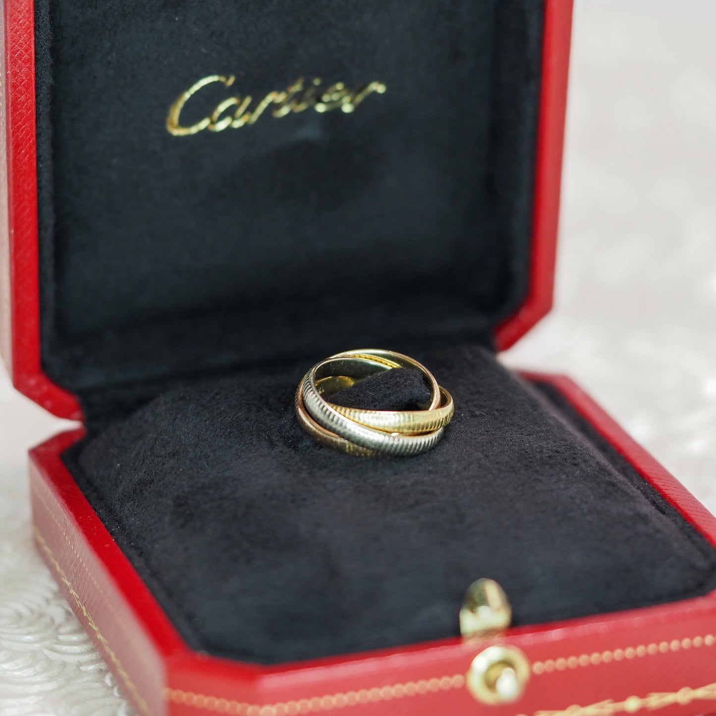 Vintage 1980s CARTIER Trinity 18K Tri-Gold Pinky Ring - 80s Yellow, Rose, and White Gold Thin Band Interlocked Pinky Ring Size 3.25