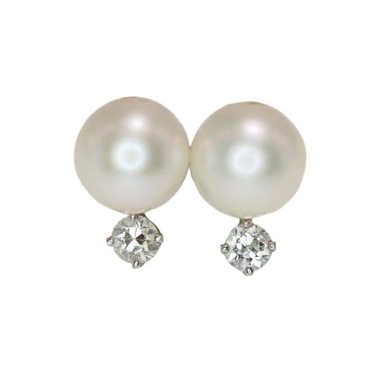 Vintage 1990s Cultured Japanese Akoya 8 mm Pearl, Diamond, and 14K Stud Earrings - Vintage White Culture Pearl, Diamond Earrings