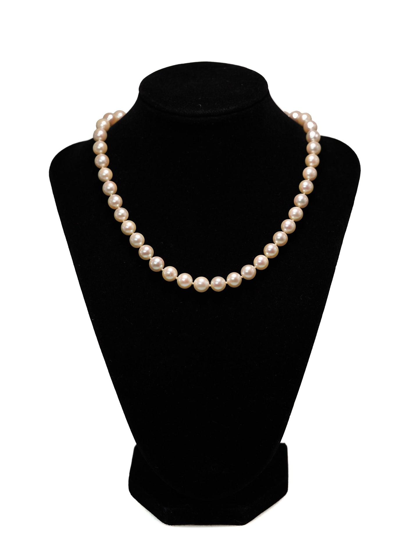 Vintage 1980s Cultured Japanese Akoya Pearl, Gold Necklace - 80s 7.9-8.5mm Round Pearl and 10K White Gold Single Strand 15.75" Necklace