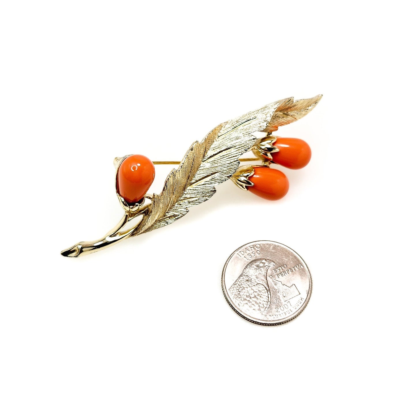 Vintage 1980s SARAH COVENTRY Orange Bead and Gold Plate Foliate Brooch - 80s Orange Gold Leaf Signed Costume Brooch -