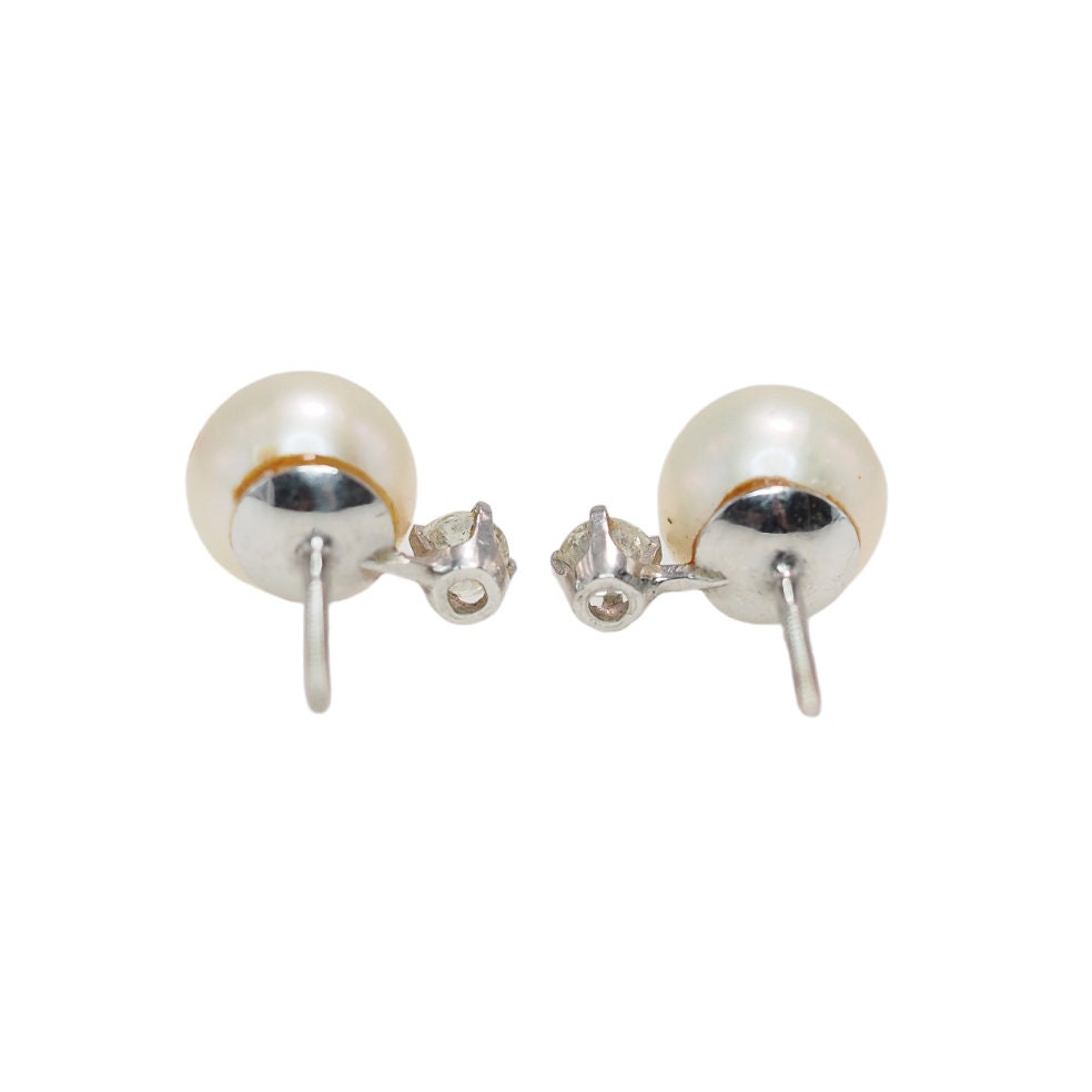 Vintage 1990s Cultured Japanese Akoya 8 mm Pearl, Diamond, and 14K Stud Earrings - Vintage White Culture Pearl, Diamond Earrings