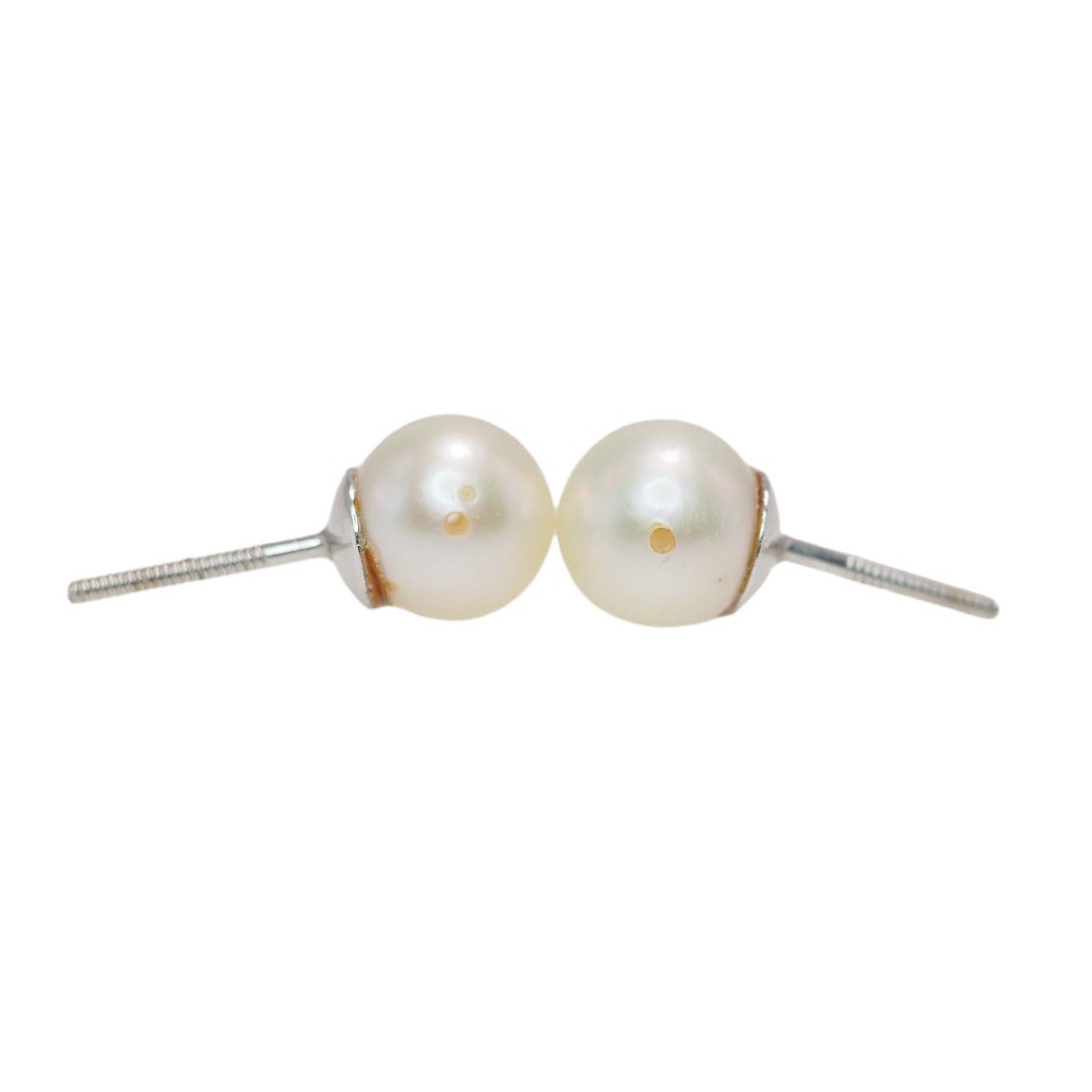 Vintage 1990s Cultured Japanese Akoya 8 mm Pearl, Diamond, and 14K Stud Earrings - Vintage White Culture Pearl, Diamond Earrings