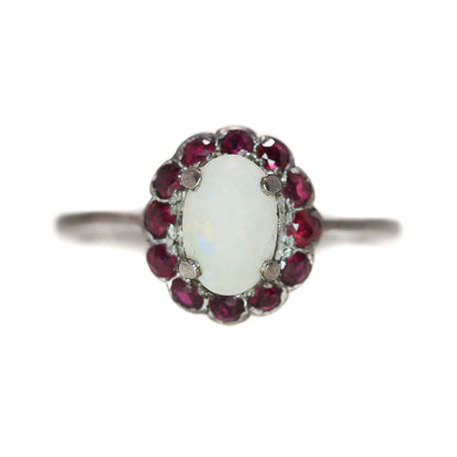 Antique 1910s White Opal and Red Spinel Halo Silver Ring Size 5