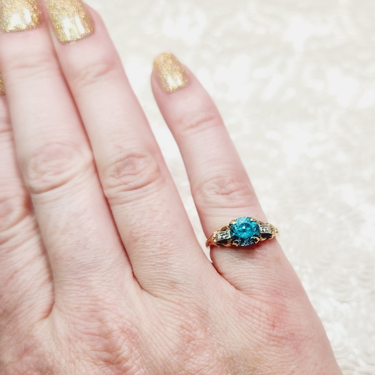 Vintage 1930s Art Deco Blue Zircon, Diamond, and Two Tone 10K Gold Ring Size 5.75 - Vintage 30s Blue Zircon, Diamond, Gold Ring