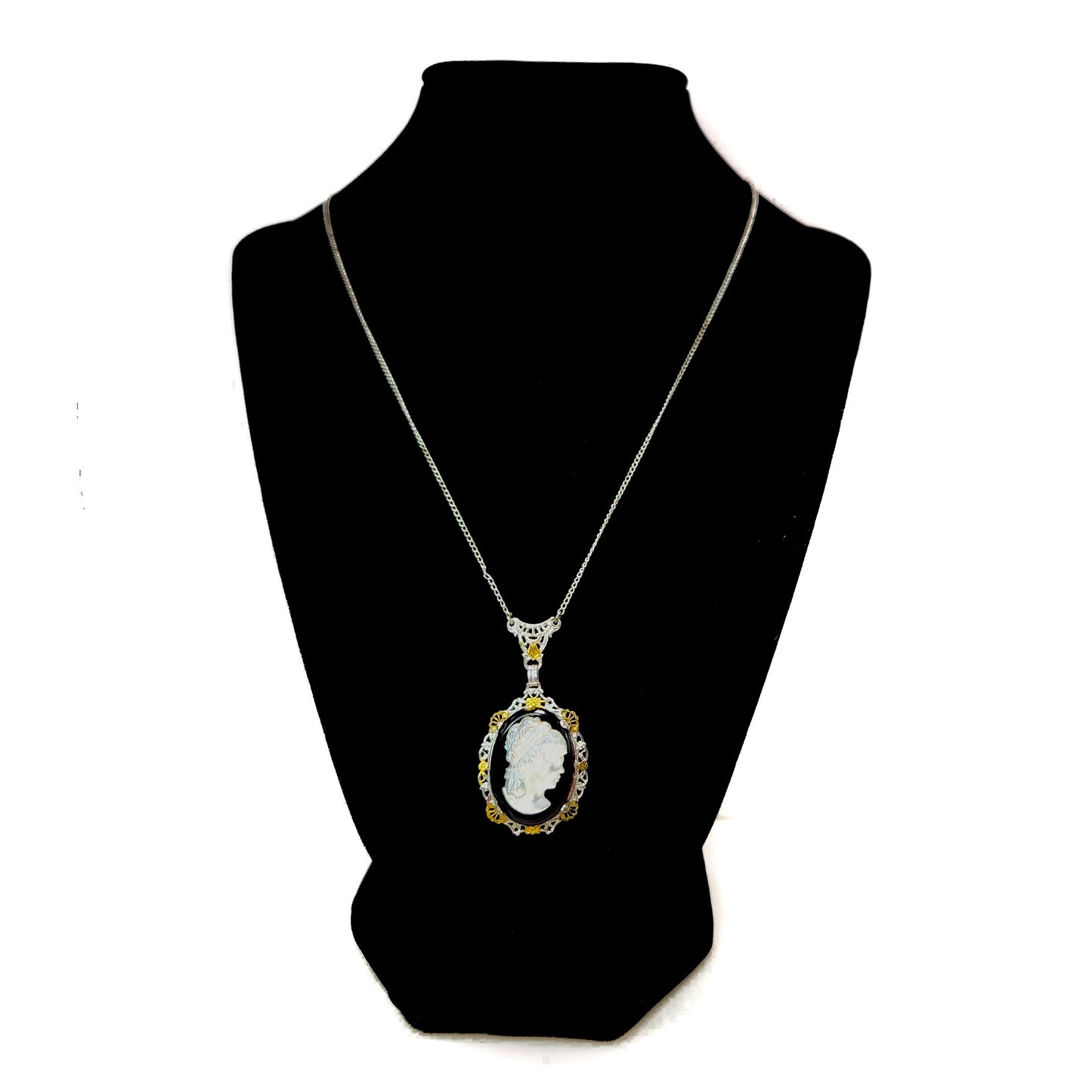 Antique 1920s Art Deco Iridescent Glass, Imitation Onyx, Gold Plate, and Sterling Silver Filigree 18" Necklace - Black Deco Necklace