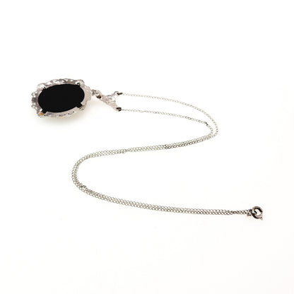 Antique 1920s Art Deco Iridescent Glass, Imitation Onyx, Gold Plate, and Sterling Silver Filigree 18" Necklace