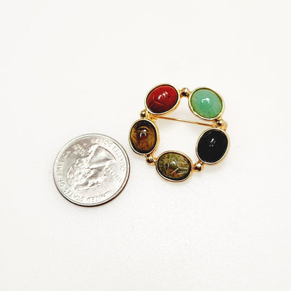 Vintage 1980s Egyptian Revival Carved Stone Scarab Wreath Brooch