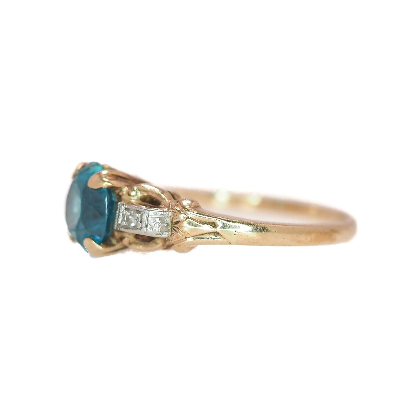 Vintage 1930s Art Deco Blue Zircon, Diamond, and Two Tone 10K Gold Ring Size 5.75 - Vintage 30s Blue Zircon, Diamond, Gold Ring