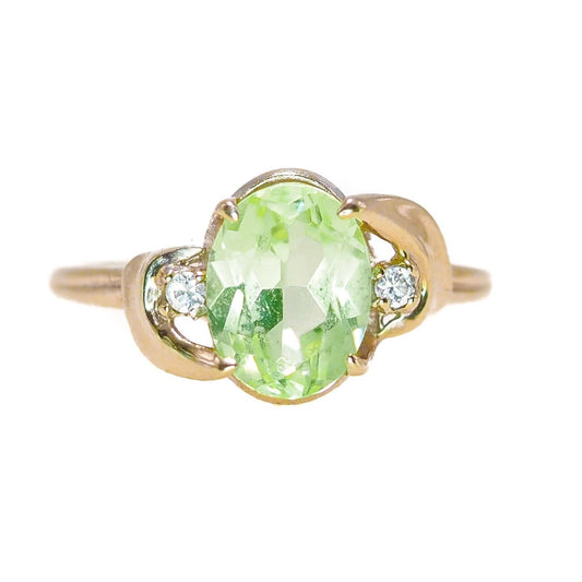 Vintage 1950s Fluorescent Green Synthetic Spinel, Diamond, and 10K Ring Size 6.75 - Green Spinel, Diamond Yellow Gold Ring - Gemstone Ring