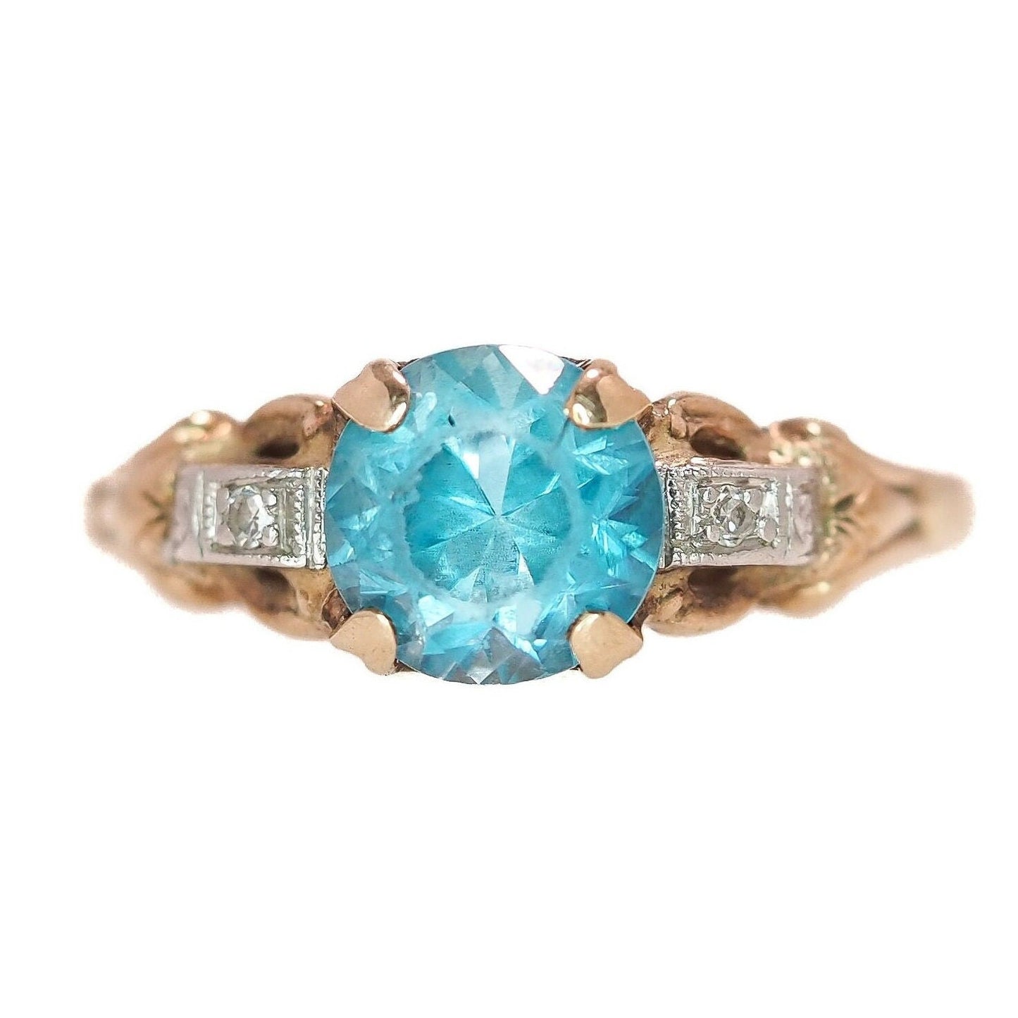 Vintage 1930s Art Deco Blue Zircon, Diamond, and Two Tone 10K Gold Ring Size 5.75 - Vintage 30s Blue Zircon, Diamond, Gold Ring