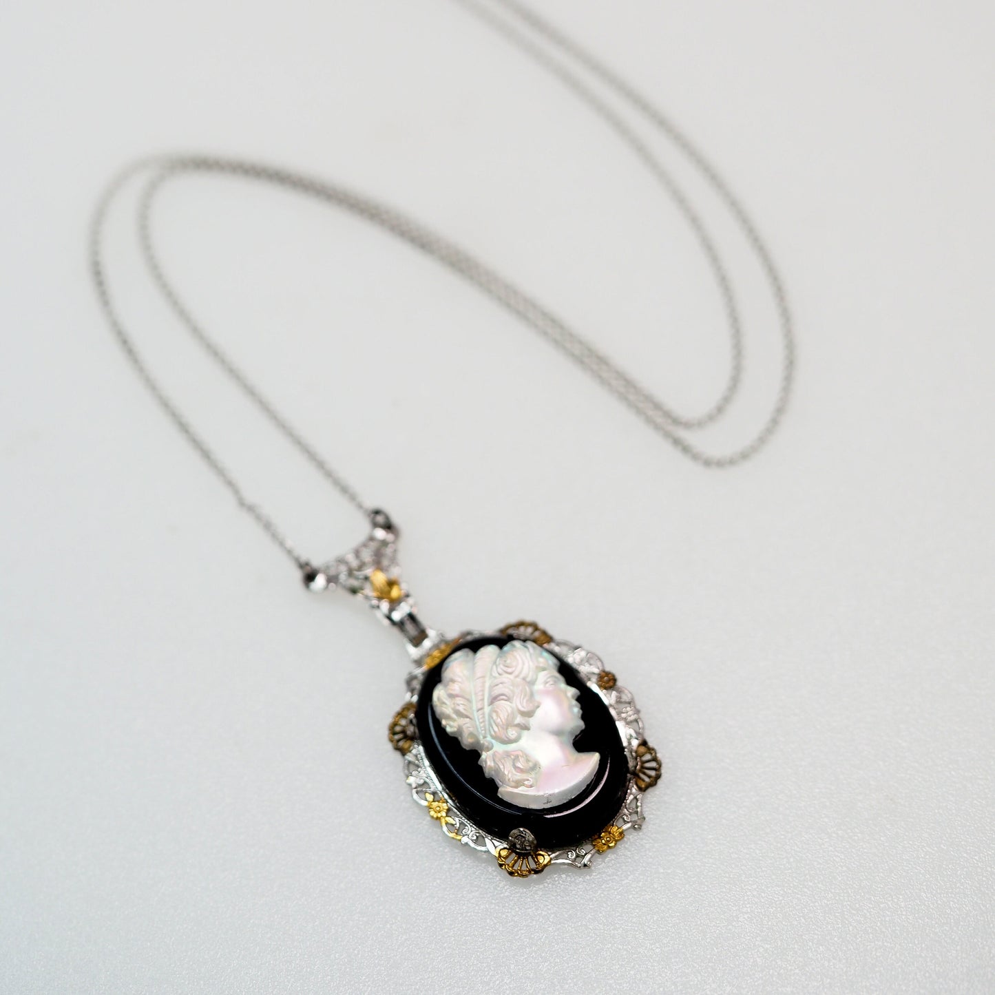 Antique 1920s Art Deco Iridescent Glass, Imitation Onyx, Gold Plate, and Sterling Silver Filigree 18" Necklace - Black Deco Necklace