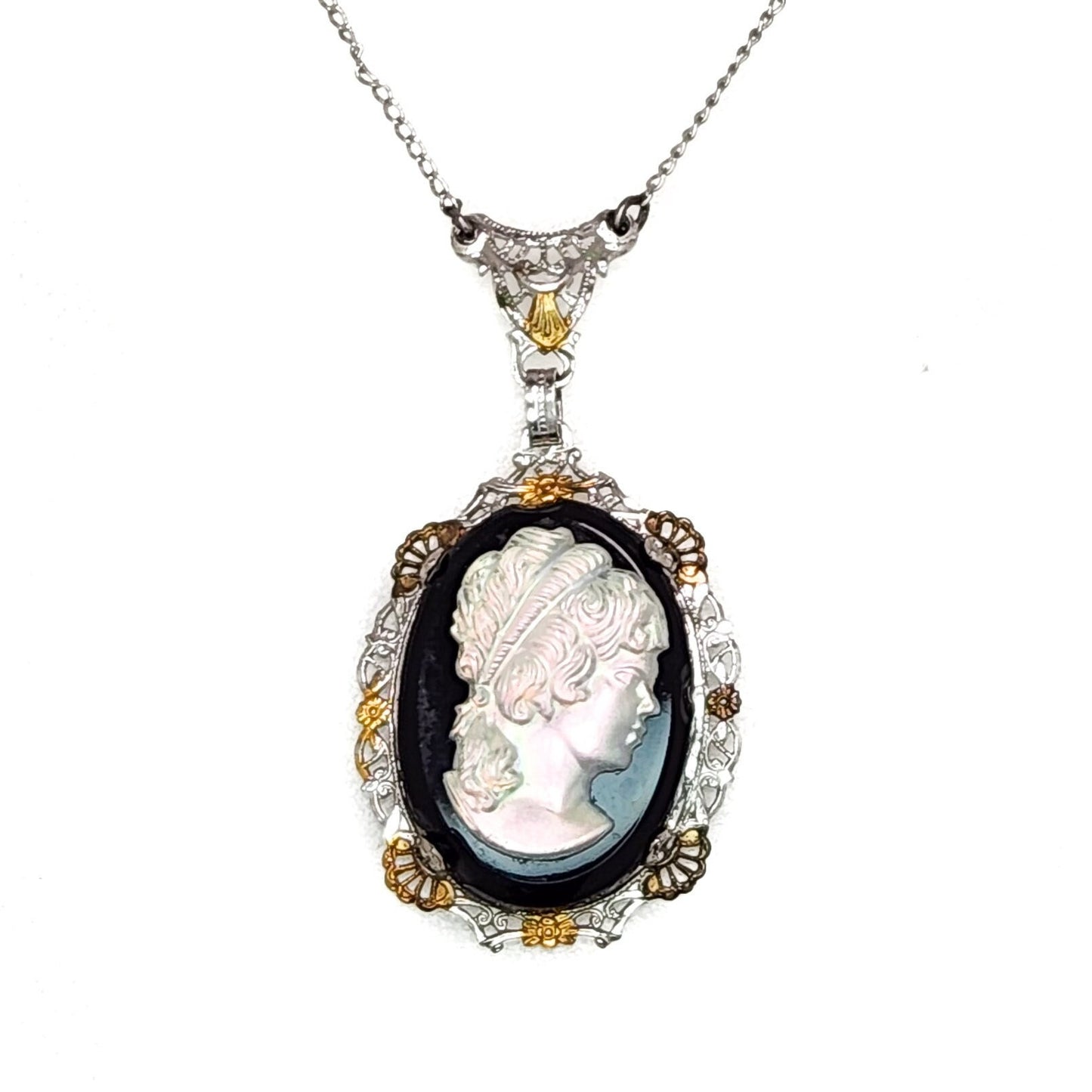 Antique 1920s Art Deco Iridescent Glass, Imitation Onyx, Gold Plate, and Sterling Silver Filigree 18" Necklace - Black Deco Necklace