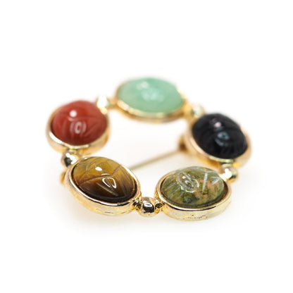 Vintage 1980s Egyptian Revival Carved Stone Scarab Wreath Brooch