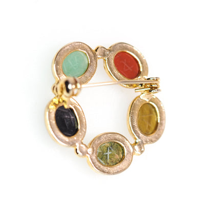 Vintage 1980s Egyptian Revival Carved Stone Scarab Wreath Brooch