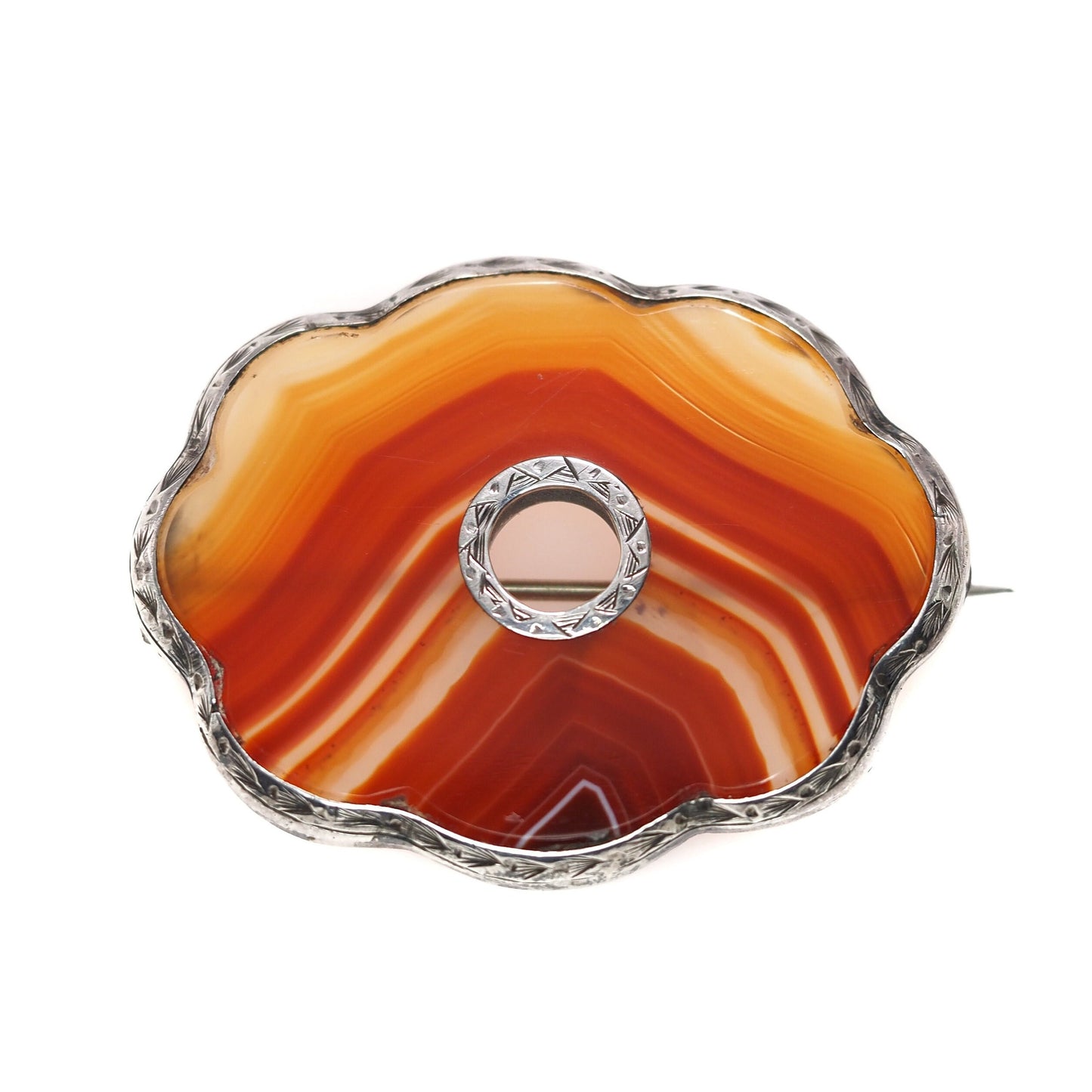 Antique 1880s Victorian Orange Agate Brooch - Late Victorian Scottish Pebble Orange Banded Agate Silver Large Brooch - Silver Victorian Pin