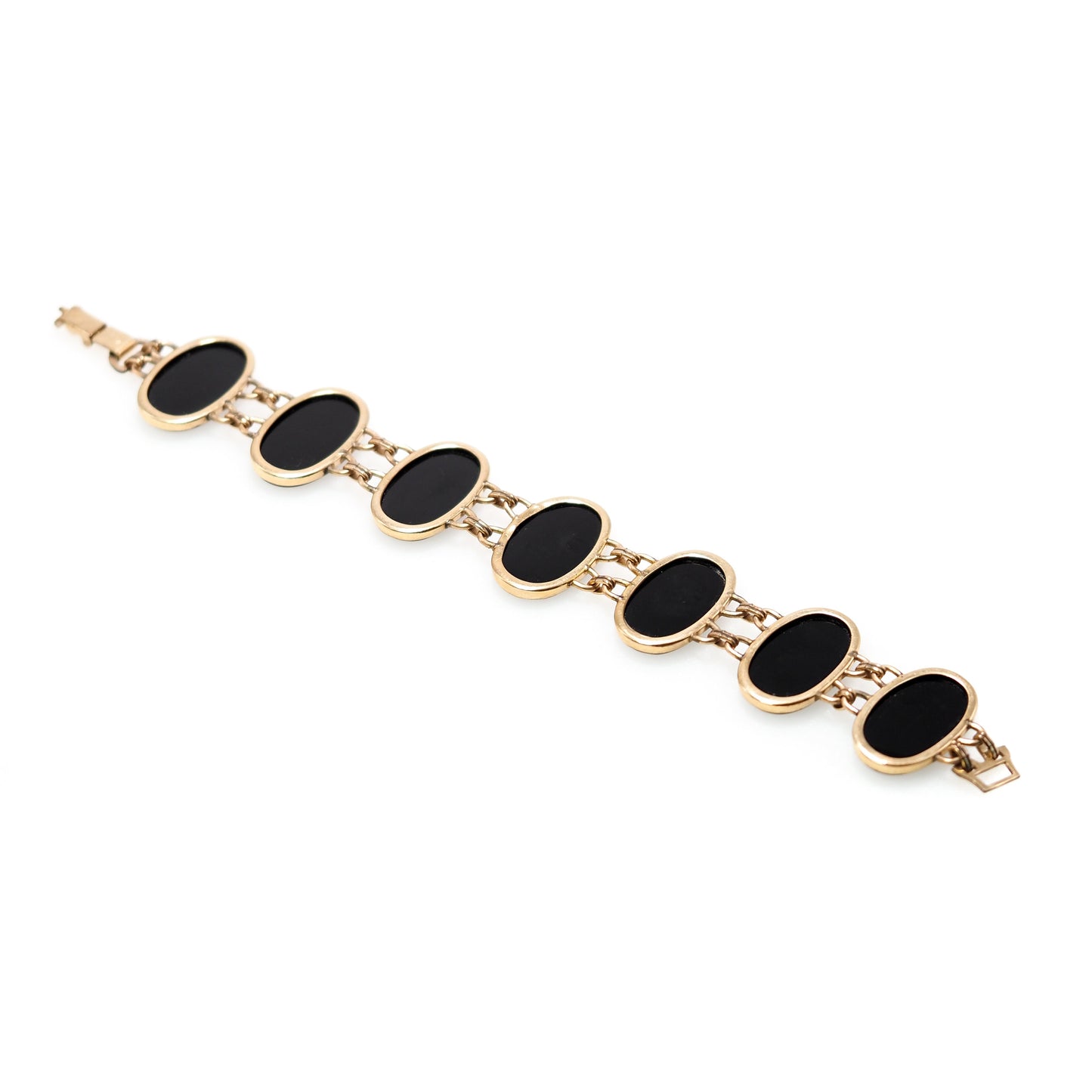 Vintage 1940s Onyx, Yellow Gold Filled Bracelet - Retro Oval Black Onyx and Gold Filled Metal Large Link 7" Bracelet